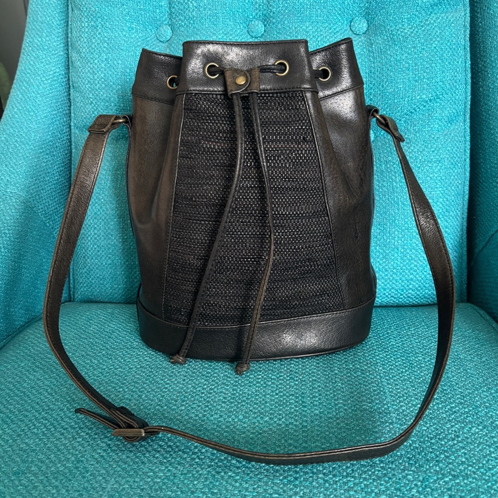 Impo Black Drawstring Leather Bucket Bag